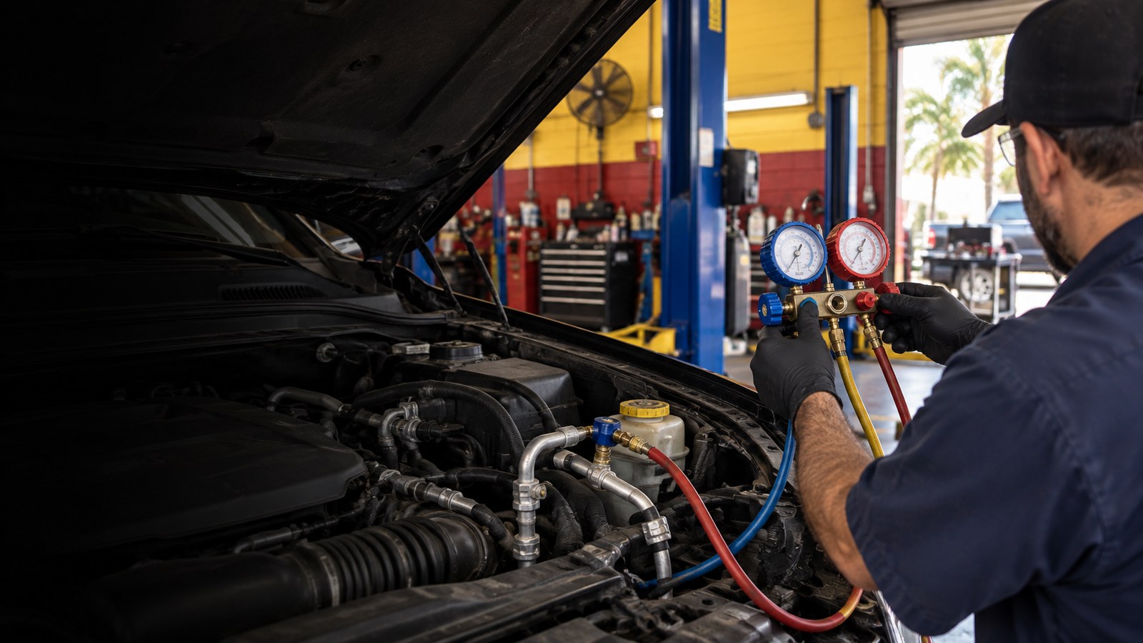 Air conditioning manifold gauges connected to a vehicle during a system check.