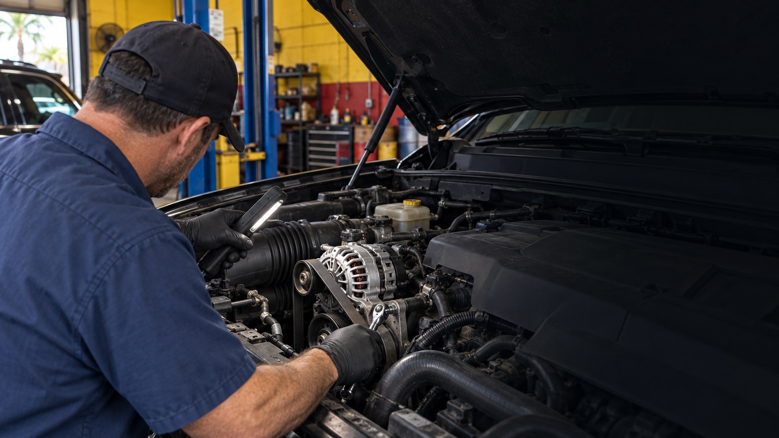 An alternator and its drive belt viewed in the engine bay.