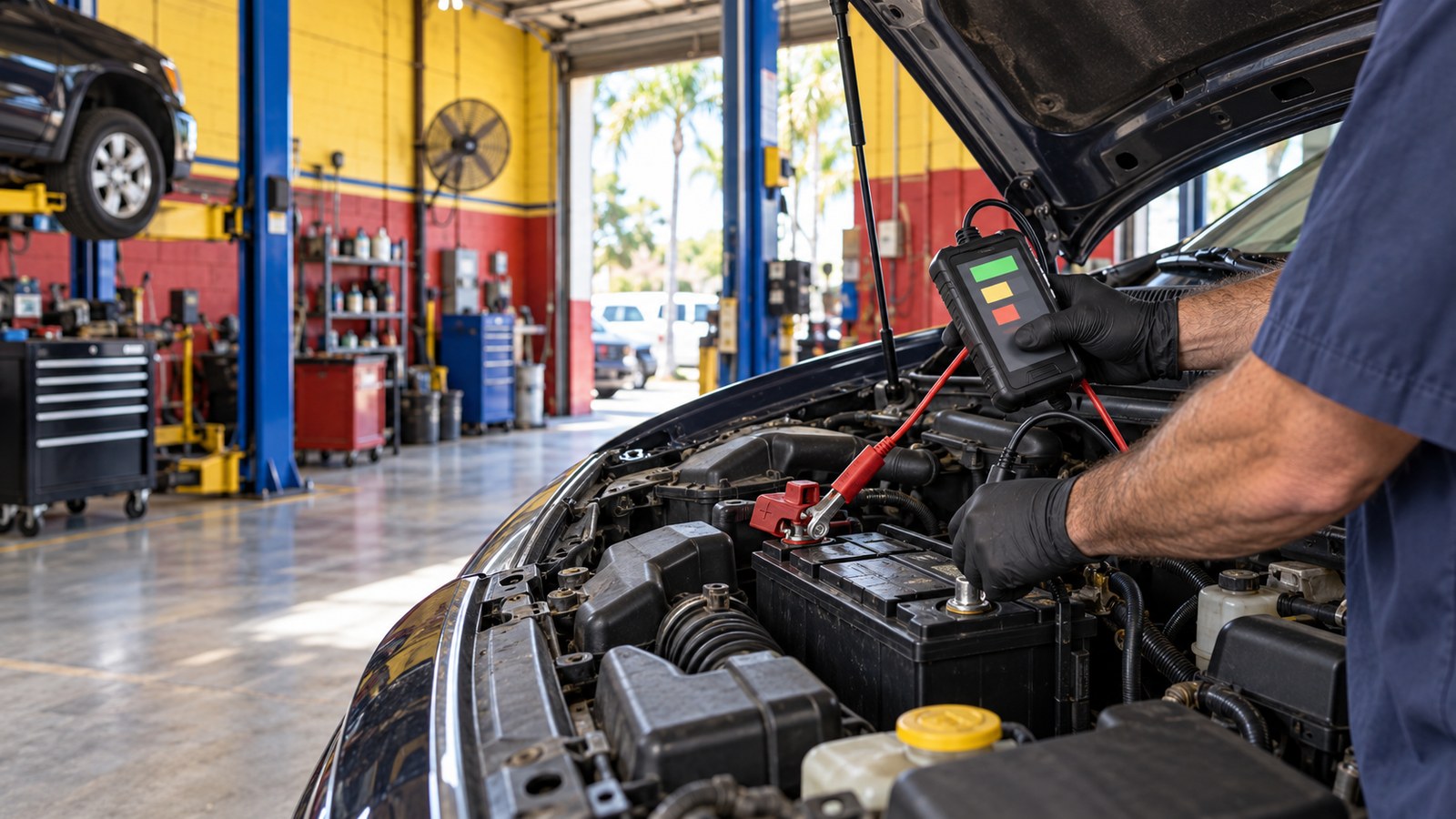A battery tester connected to a car battery under the hood.