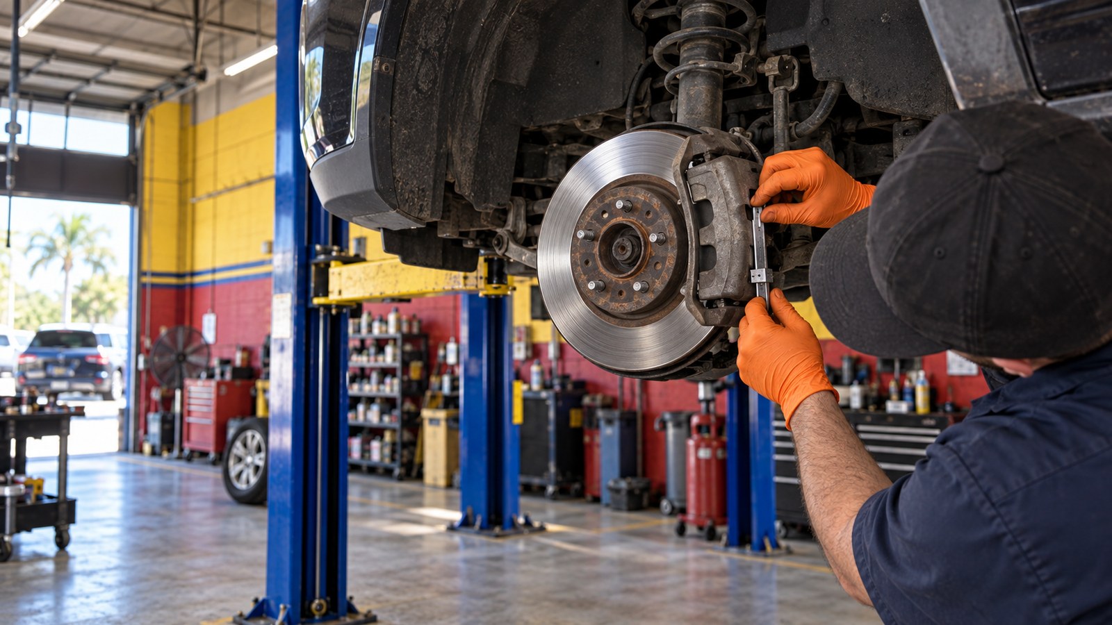 A brake rotor and caliper being worked on a raised vehicle in the service bay.