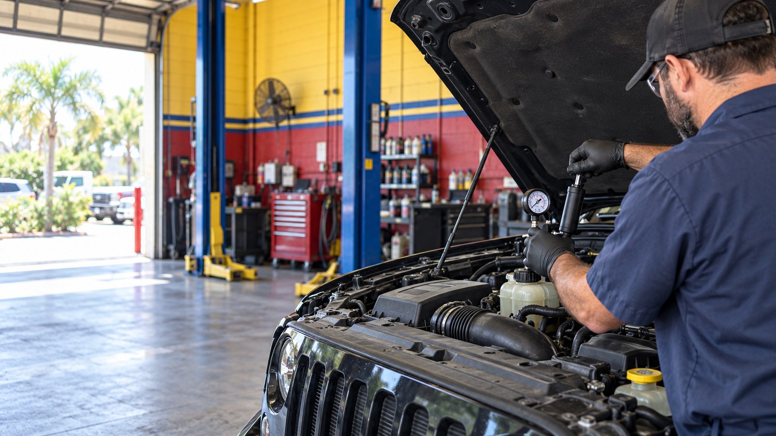 A technician taking a reading with a gauge over the open engine bay of a Jeep at Pelican Auto Care
