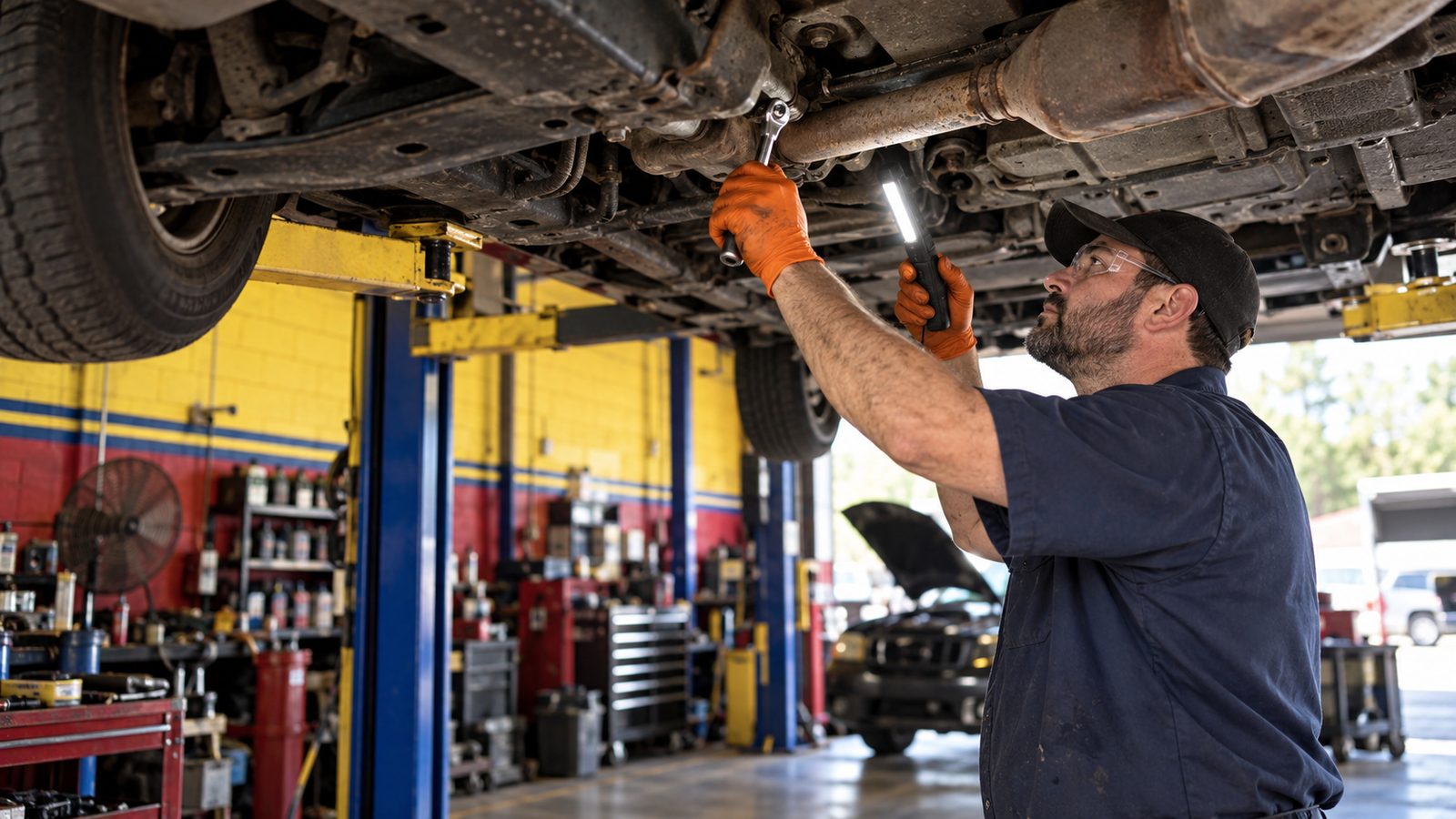 A technician working under a raised vehicle on the lift at Pelican Auto Care