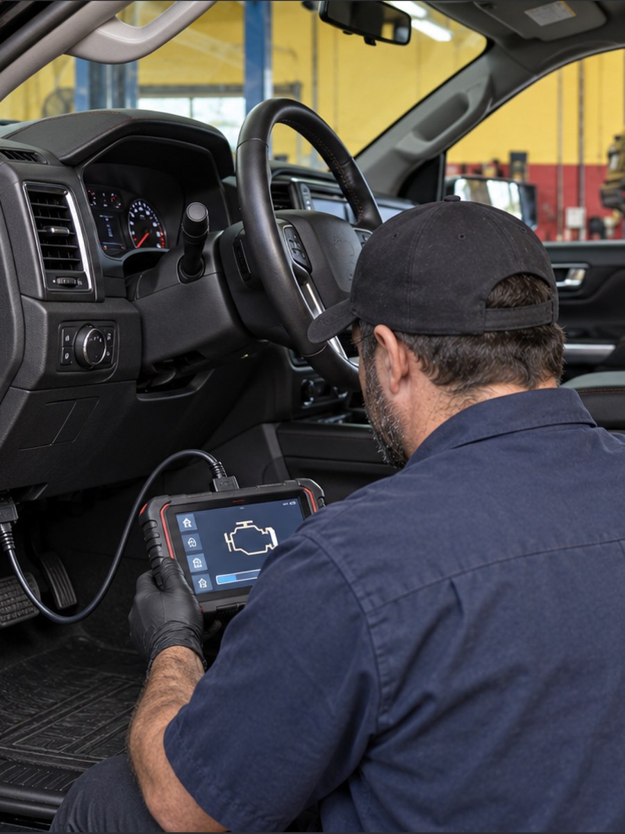 A technician in the cab of a truck reading a diagnostic scan tool showing a check engine icon