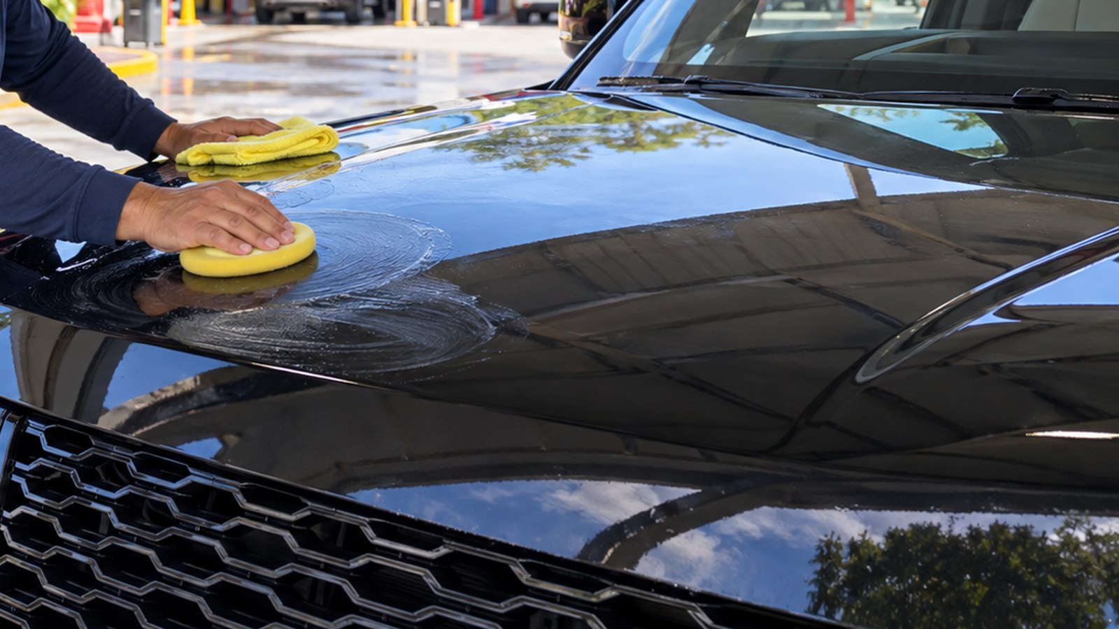 Exterior detailing in progress, with the paintwork being worked over by hand.