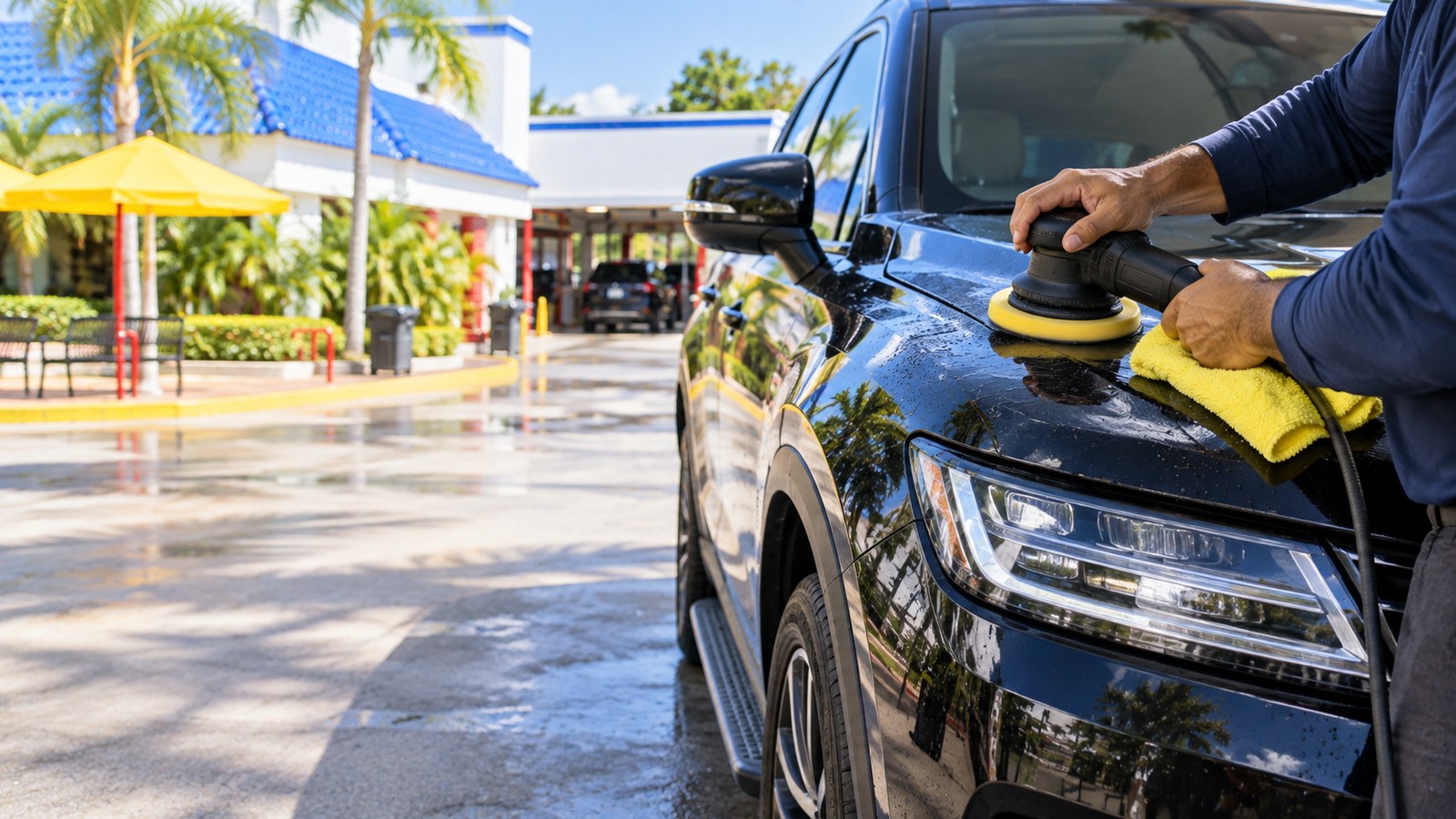 A machine polisher being worked across a car hood during a detail.