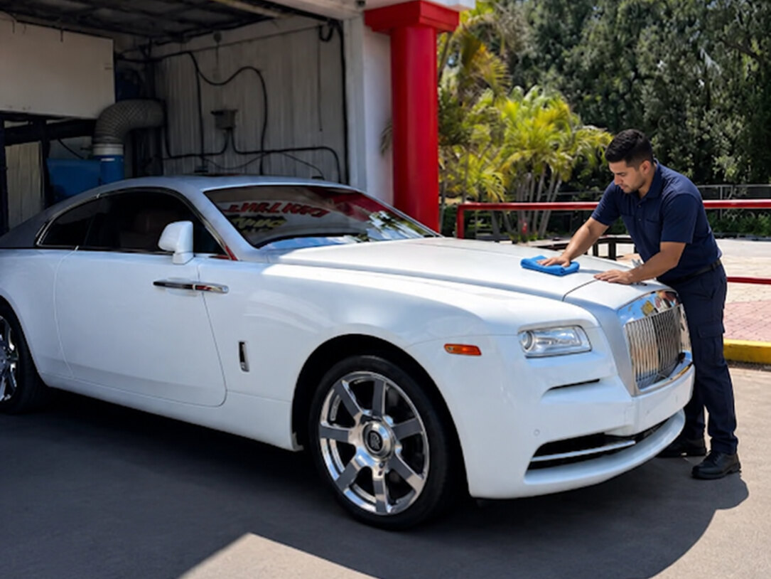 A Pelican employee drying a white luxury coupe by hand with a microfiber towel in front of the wash bay at 31425.