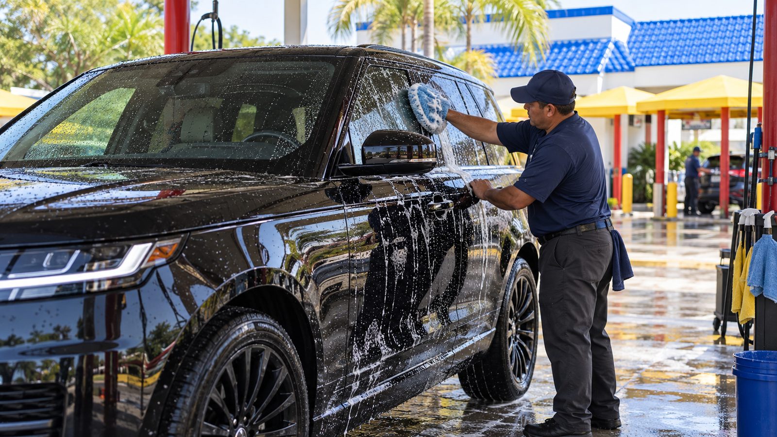 An SUV being washed by hand, soap covering the panels and a worker moving along the side of the vehicle.