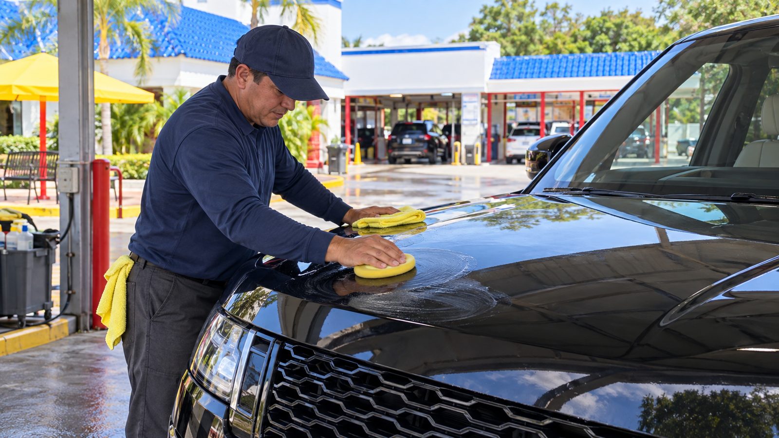 A hand wax being applied to a car hood, the finish already showing reflections across the panel.