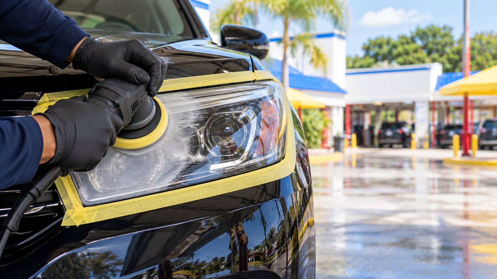 A clouded headlight being polished back to clear.