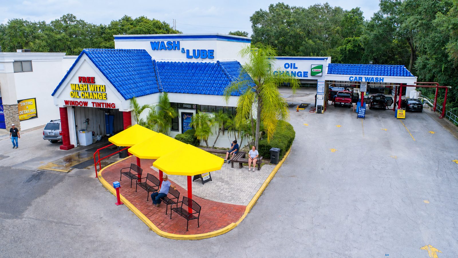 Aerial view of the Pelican property on US 19, with the wash building and the service building on the same lot