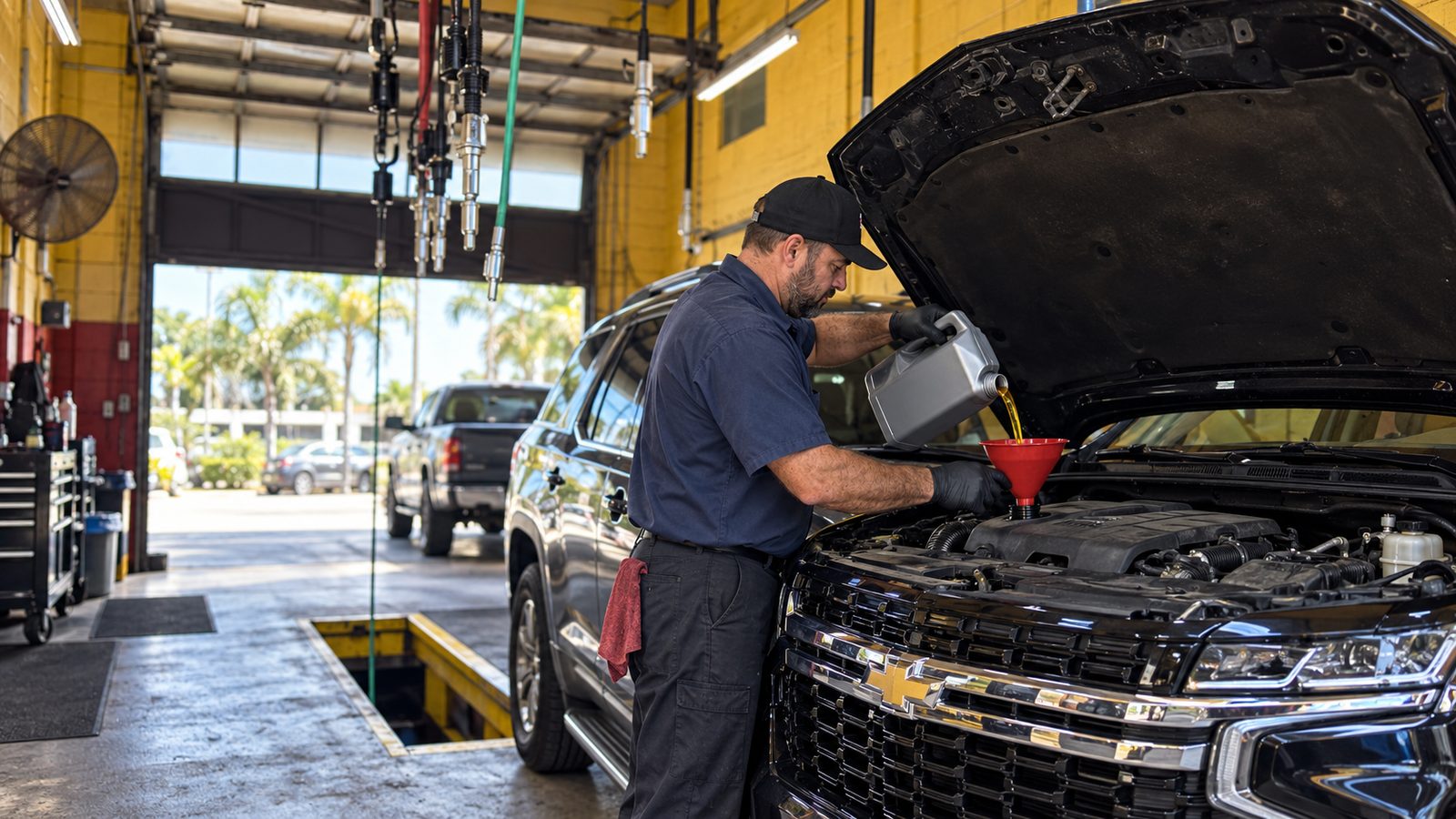 Fresh oil being poured into an engine through the filler neck.