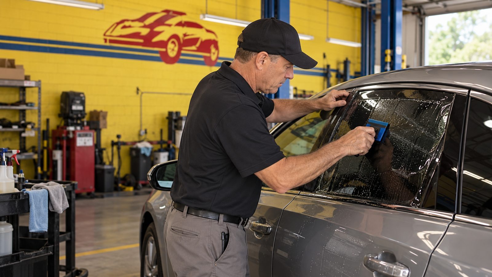 Window tint film being fitted to a car window.