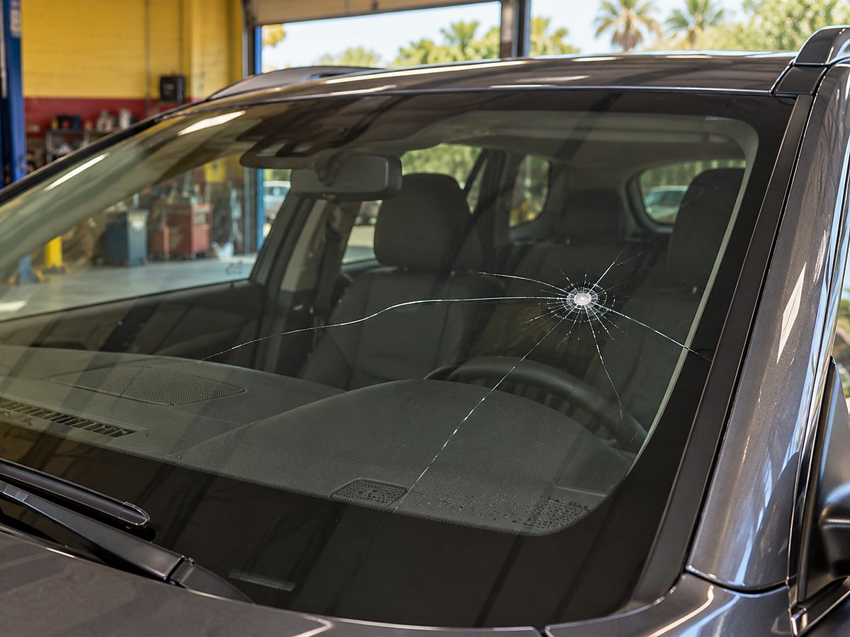A star shaped rock chip with short cracks radiating out of it, in the upper passenger side of a vehicle windshield.